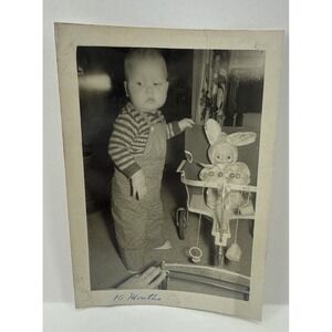Vintage 1950s Baby Photo w/ Plush Bunny Toy Knickerbocker Style 4.5x3 Snapshot